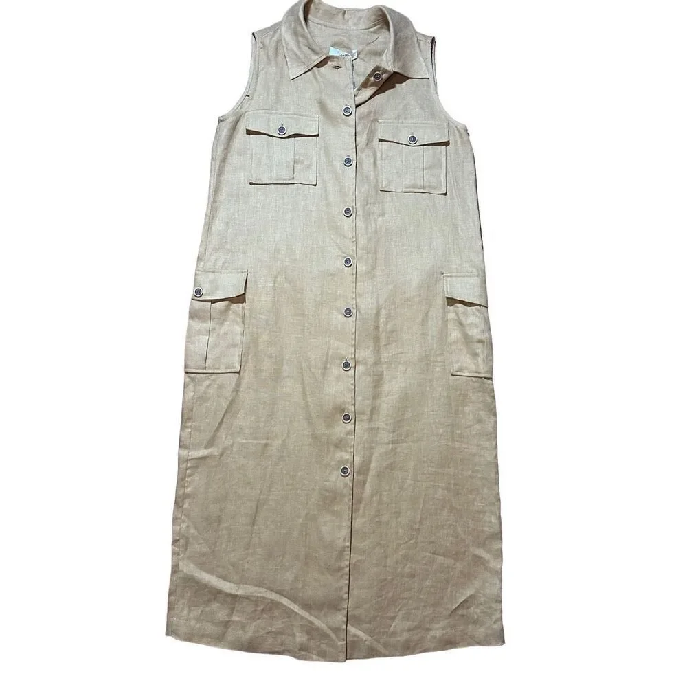 NEW adL womens linen button down midi dress cottage safari natural sz M in camel